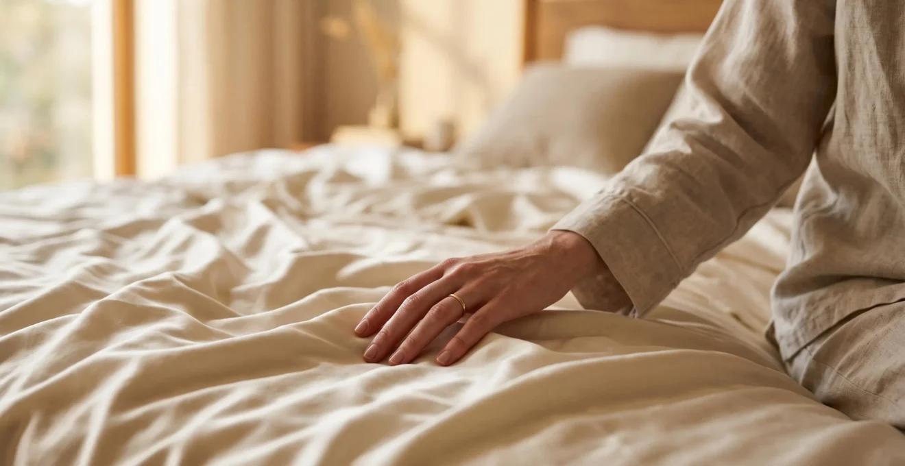 Silhouette d'une main effleurant délicatement un tissu soyeux dans une lumière tamisée, symbolisant l'écoute de la sensibilité corporelle