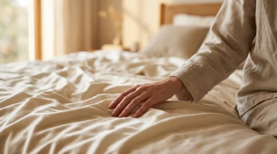 Silhouette d'une main effleurant délicatement un tissu soyeux dans une lumière tamisée, symbolisant l'écoute de la sensibilité corporelle
