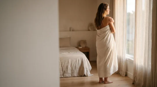 Silhouette féminine sereine dans une lumière douce, symbole d'acceptation de soi et de confiance intime