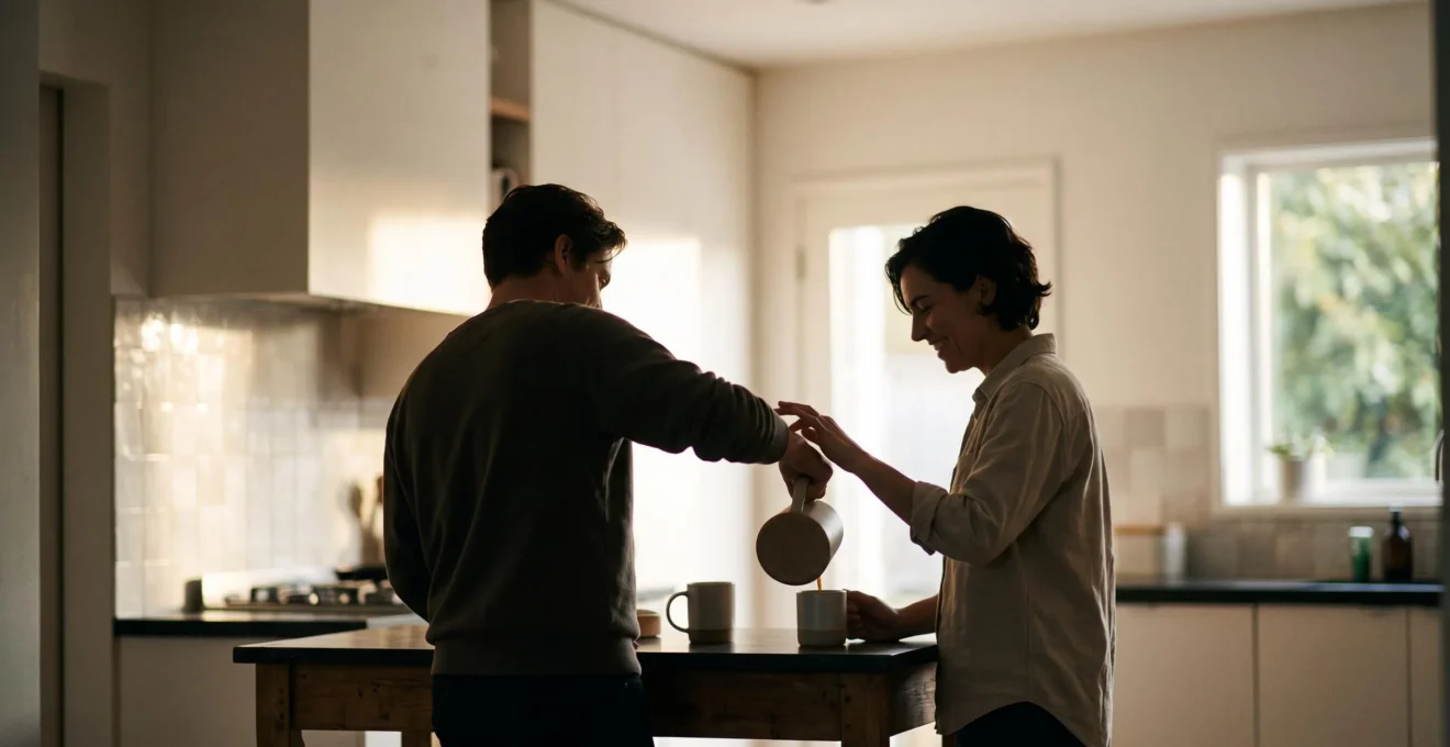 Un couple partage un instant de complicite tactile et malicieux dans une cuisine baignee de lumiere du matin, symbole du desir entretenu par de petites attentions quotidiennes