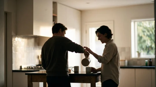Un couple partage un instant de complicite tactile et malicieux dans une cuisine baignee de lumiere du matin, symbole du desir entretenu par de petites attentions quotidiennes