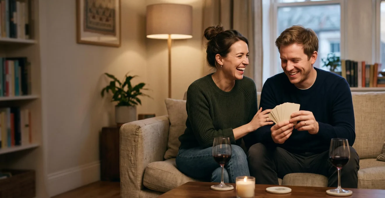Un couple souriant partage un moment complice autour d'une table basse tamisee, avec des cartes de jeu retournees et un verre de vin, ambiance chaleureuse et intime