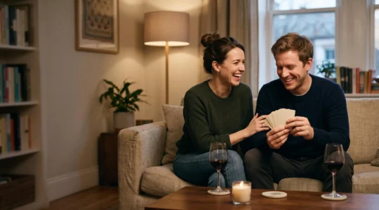 Un couple souriant partage un moment complice autour d'une table basse tamisee, avec des cartes de jeu retournees et un verre de vin, ambiance chaleureuse et intime