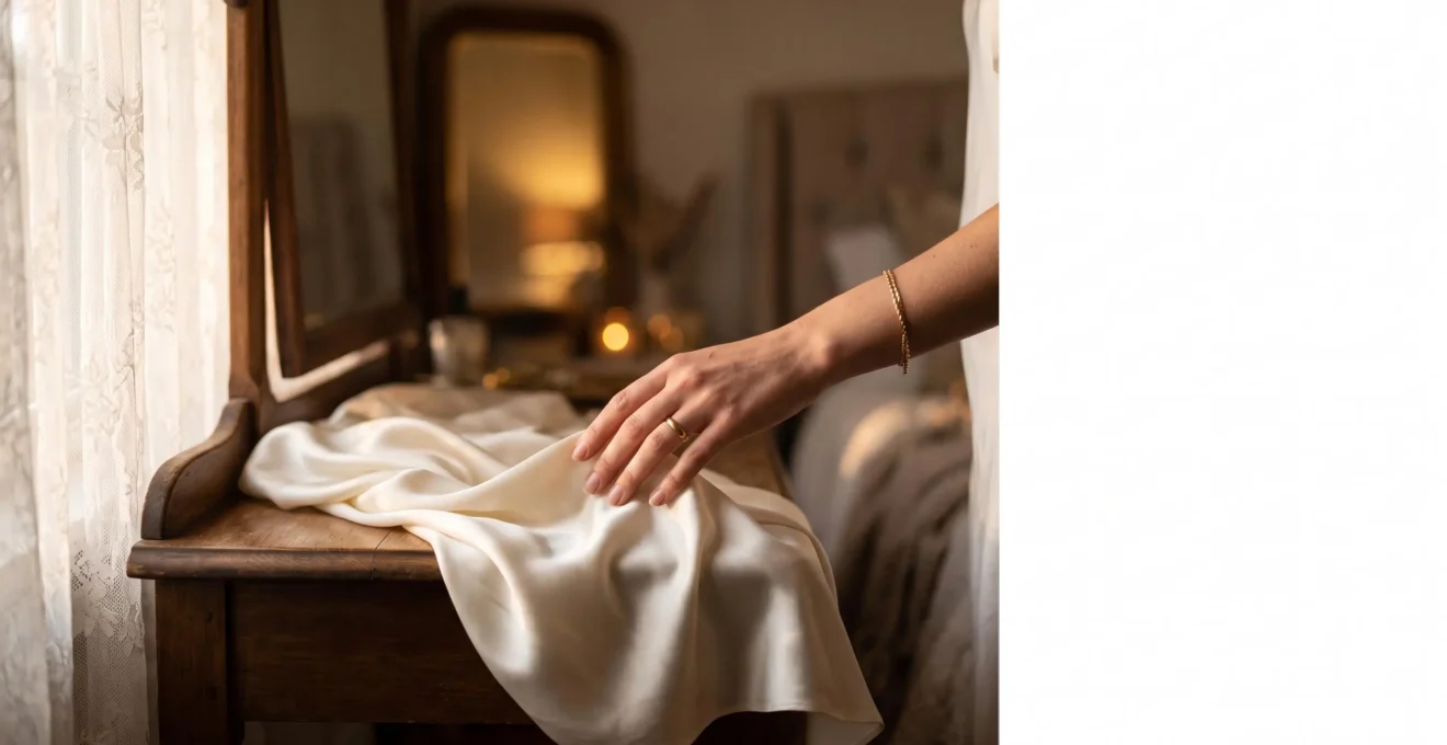 Coffret cadeau glamour enveloppé de tissu satiné posé délicatement, ambiance intime et raffinée