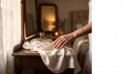 Coffret cadeau glamour enveloppé de tissu satiné posé délicatement, ambiance intime et raffinée