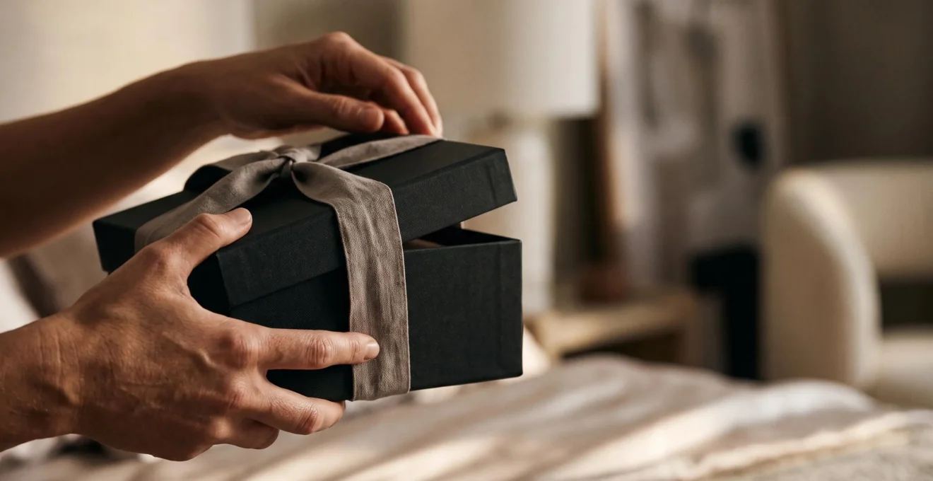 Coffret élégant entrouvert évoquant la découverte intime en couple, dans une ambiance chaleureuse et raffinée