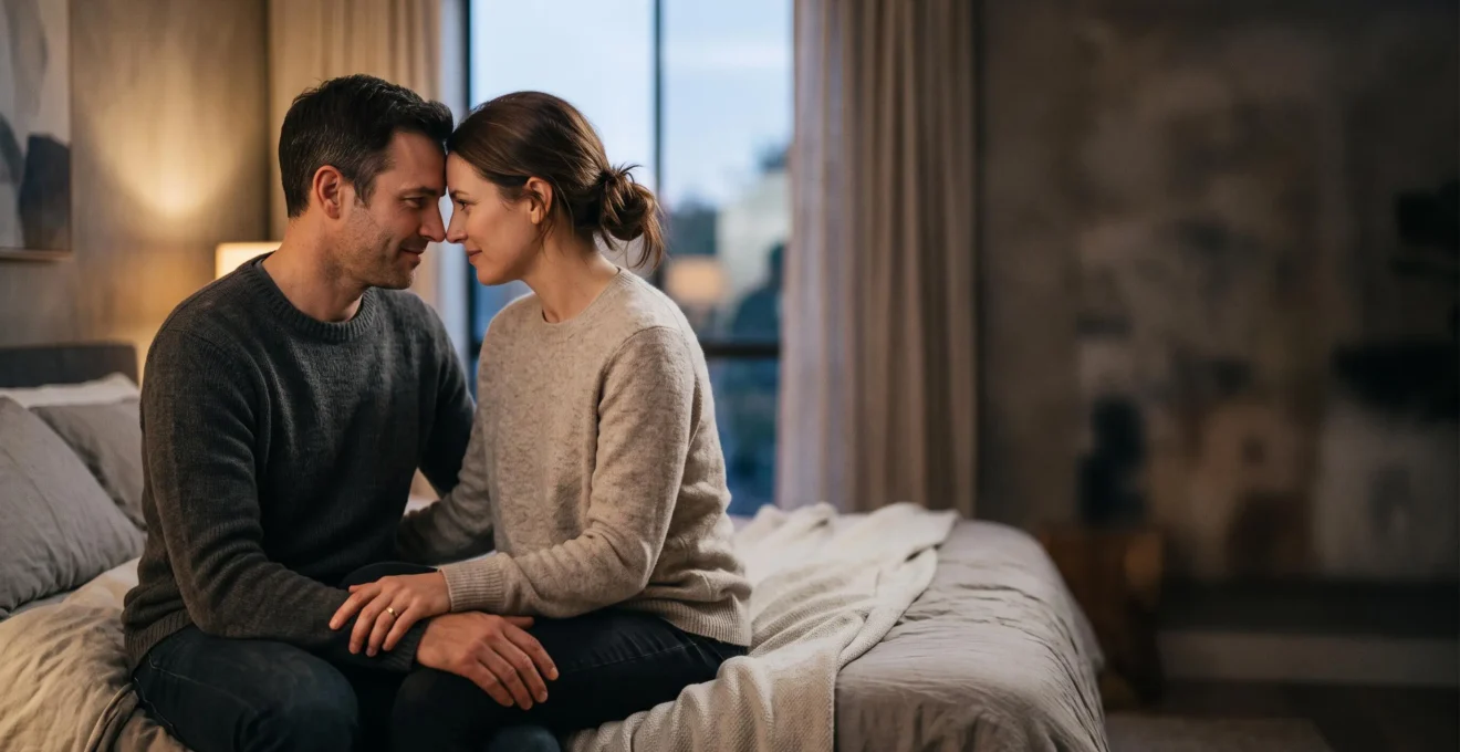 Couple partageant un moment de confiance intime, mains jointes dans une lumière douce, symbole du partage d'un secret sans jugement