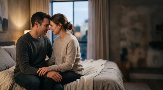 Couple partageant un moment de confiance intime, mains jointes dans une lumière douce, symbole du partage d'un secret sans jugement