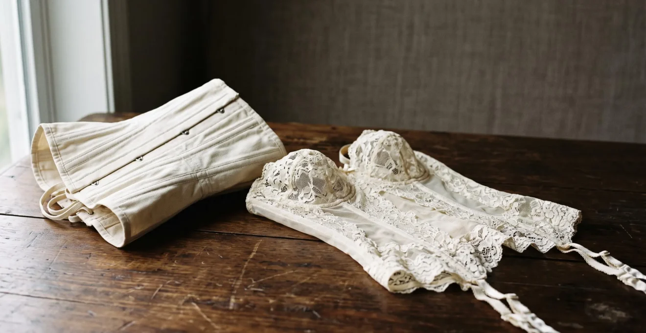 Corset structuré en coutil blanc avec baleinage apparent posé à côté d'une guêpière en dentelle, illustrant la différence entre structure et accompagnement
