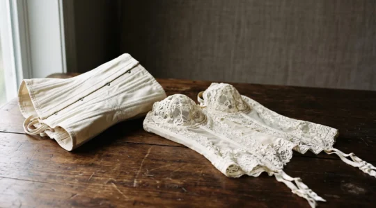 Corset structuré en coutil blanc avec baleinage apparent posé à côté d'une guêpière en dentelle, illustrant la différence entre structure et accompagnement