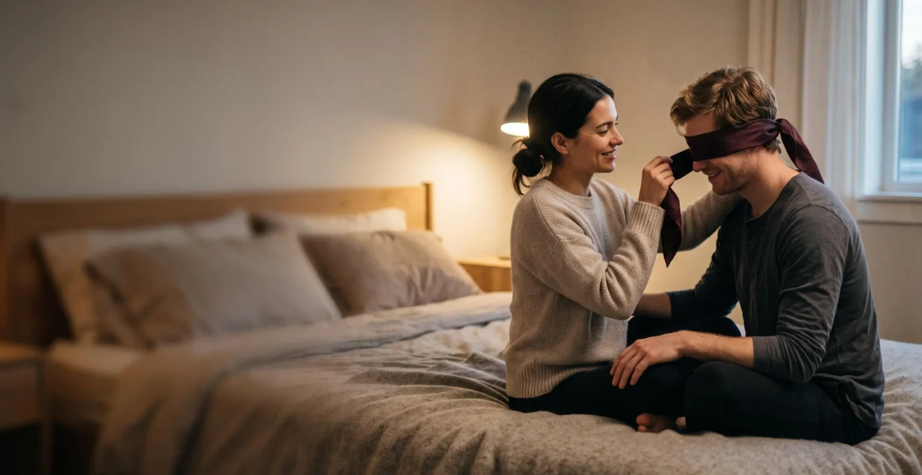 Couple partageant un moment intime de decouverte sensorielle, les yeux bandes, dans une chambre baignee de lumiere douce