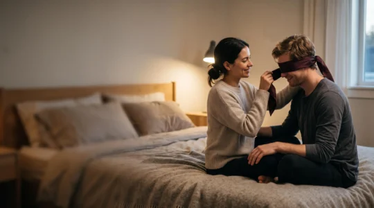 Couple partageant un moment intime de decouverte sensorielle, les yeux bandes, dans une chambre baignee de lumiere douce