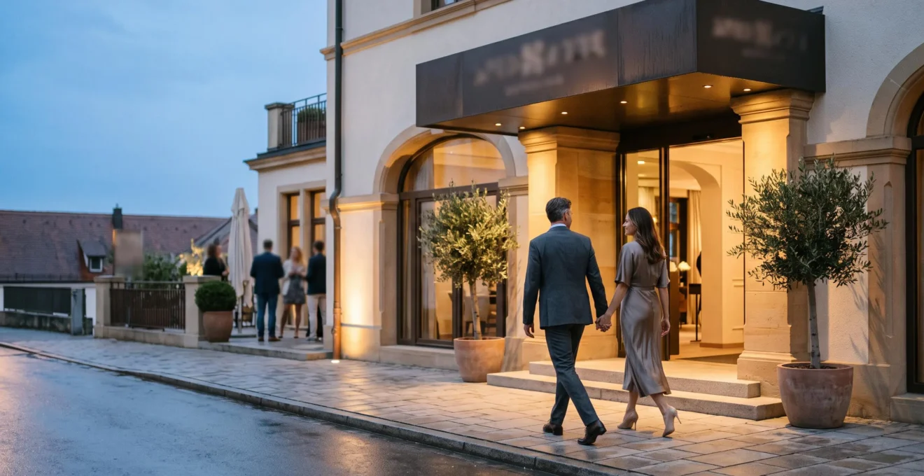 Couple élégant de dos, main dans la main, s'apprêtant à entrer dans un lieu chic en soirée, dans une ambiance sereine et complice