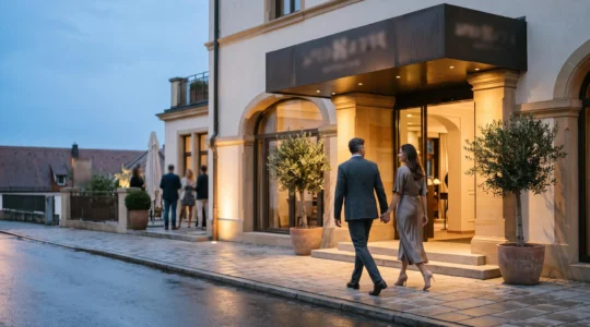 Couple élégant de dos, main dans la main, s'apprêtant à entrer dans un lieu chic en soirée, dans une ambiance sereine et complice