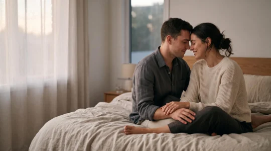 Couple enlacé dans une lumière douce, incarnant une intimité apaisée et confortable plutôt qu'une épreuve physique