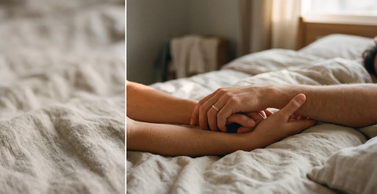 Couple enlacé dans une lumière douce et chaleureuse, évoquant la tendresse et le confort intime