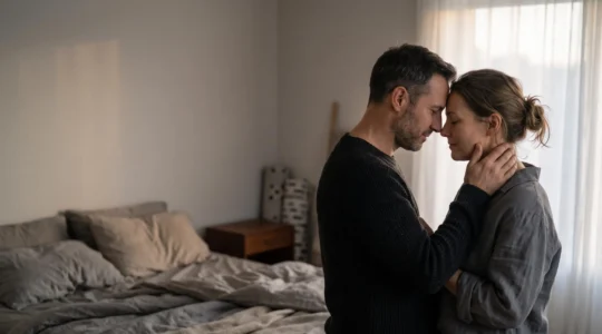 Couple enlacé dans une lumière douce, symbolisant une intimité préservée malgré le rythme du quotidien