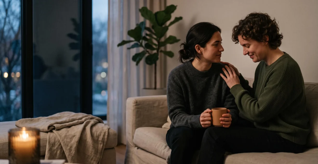 Couple partageant un moment sensoriel intime et complice à la lumière douce du soir