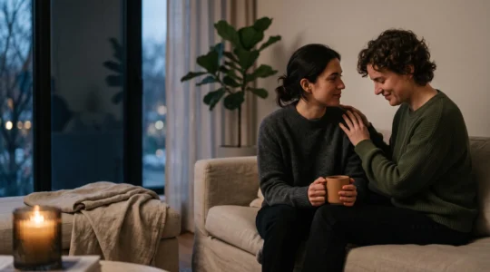 Couple partageant un moment sensoriel intime et complice à la lumière douce du soir