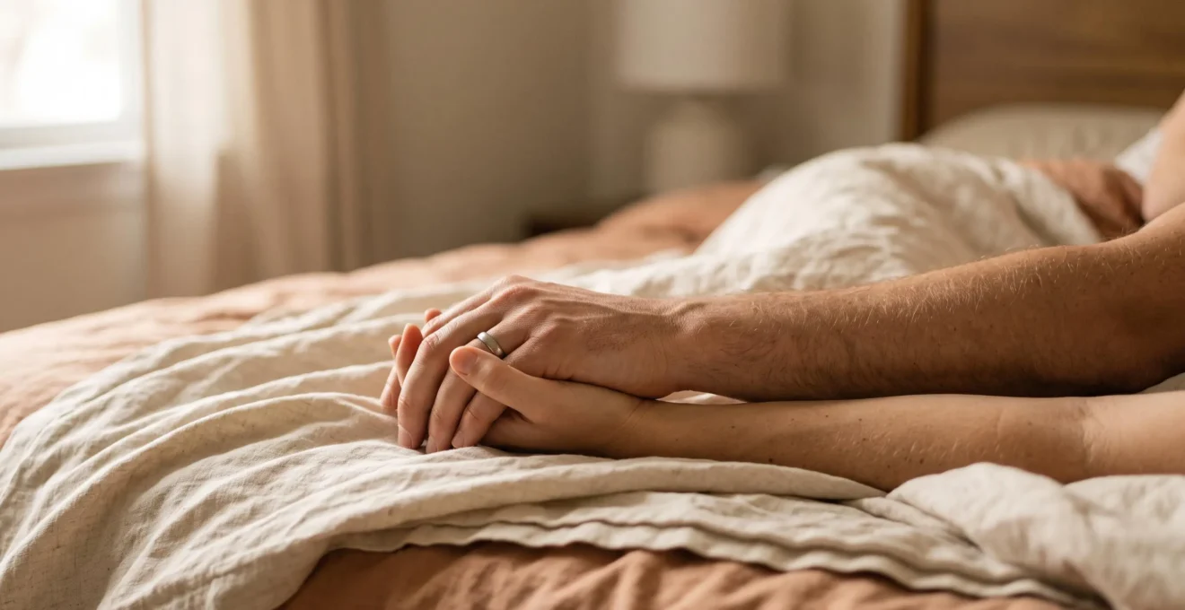 Silhouettes de deux mains entrelacees dans une lumiere douce et chaude, symbolisant la synchronisation intime d'un couple
