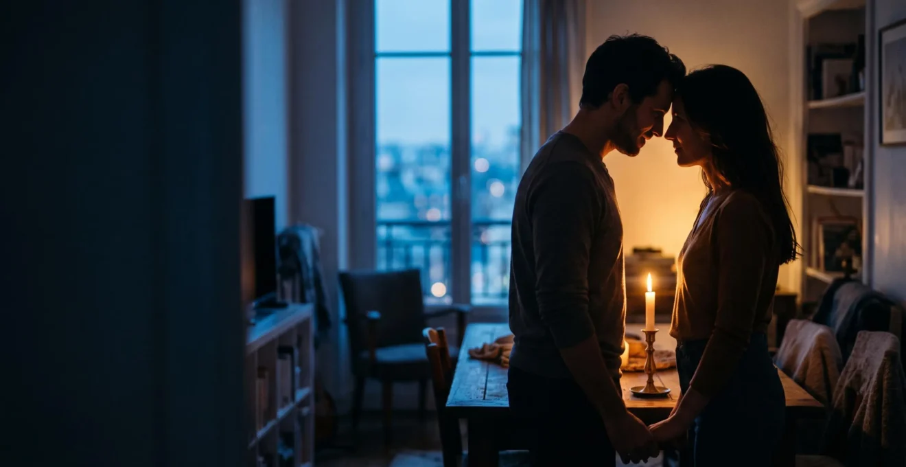 Couple enlacé dans une lumière chaude évoquant le passage de la tendresse habituelle à une passion renouvelée