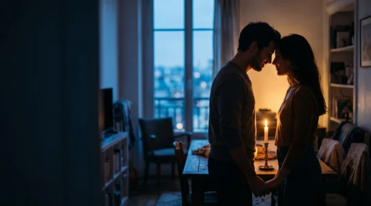 Couple enlacé dans une lumière chaude évoquant le passage de la tendresse habituelle à une passion renouvelée