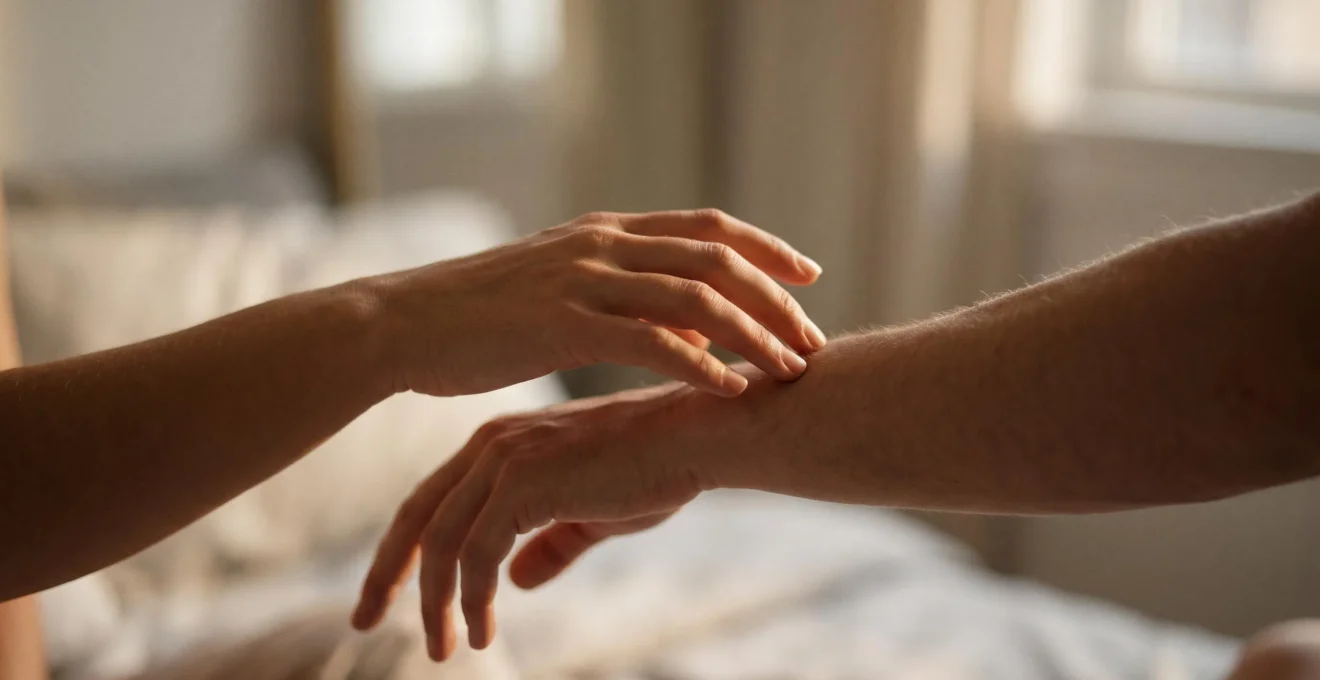 Gros plan artistique sur deux mains qui s'effleurent délicatement dans une lumière douce, symbolisant l'écoute sensorielle entre partenaires