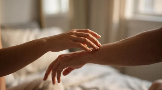 Gros plan artistique sur deux mains qui s'effleurent délicatement dans une lumière douce, symbolisant l'écoute sensorielle entre partenaires
