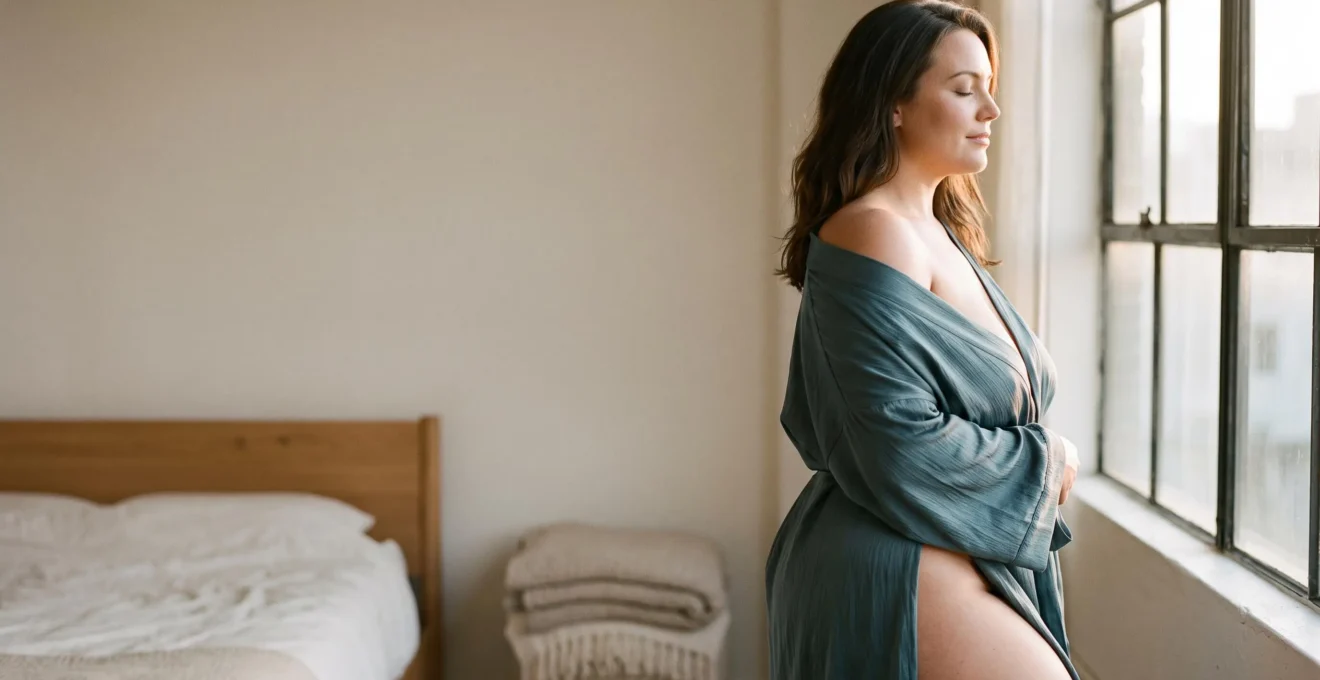 Silhouette d'une femme aux formes rondes et genereuses mise en valeur par une lumiere naturelle chaleureuse, symbole d'acceptation de soi et de sensualite assumee
