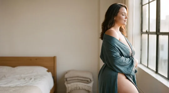 Silhouette d'une femme aux formes rondes et genereuses mise en valeur par une lumiere naturelle chaleureuse, symbole d'acceptation de soi et de sensualite assumee