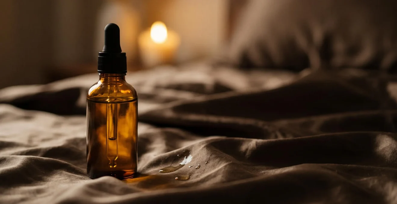 Flacon d'huile ambrée pour massage sensuel posé sur un drap de soie dans une lumière tamisée et chaleureuse