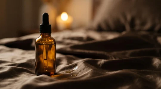 Flacon d'huile ambrée pour massage sensuel posé sur un drap de soie dans une lumière tamisée et chaleureuse