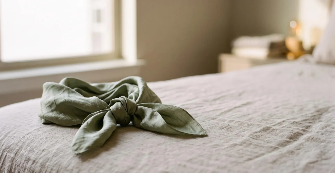 Foulard en soie noué délicatement, symbole d'une découverte douce et consentie du BDSM en couple
