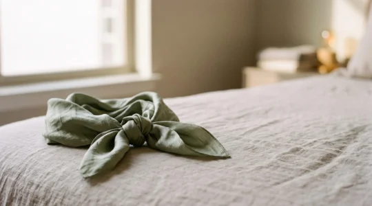 Foulard en soie noué délicatement, symbole d'une découverte douce et consentie du BDSM en couple
