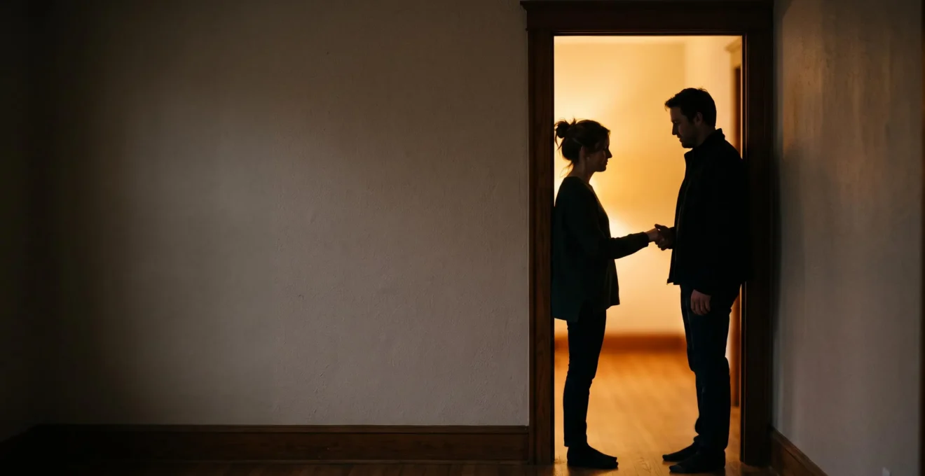 Silhouette d'un couple enlacé dans l'embrasure d'une porte baignée de lumière chaude, symbolisant l'ouverture confiante vers de nouvelles complicités intimes