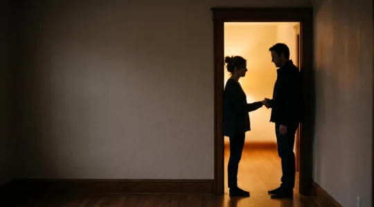 Silhouette d'un couple enlacé dans l'embrasure d'une porte baignée de lumière chaude, symbolisant l'ouverture confiante vers de nouvelles complicités intimes