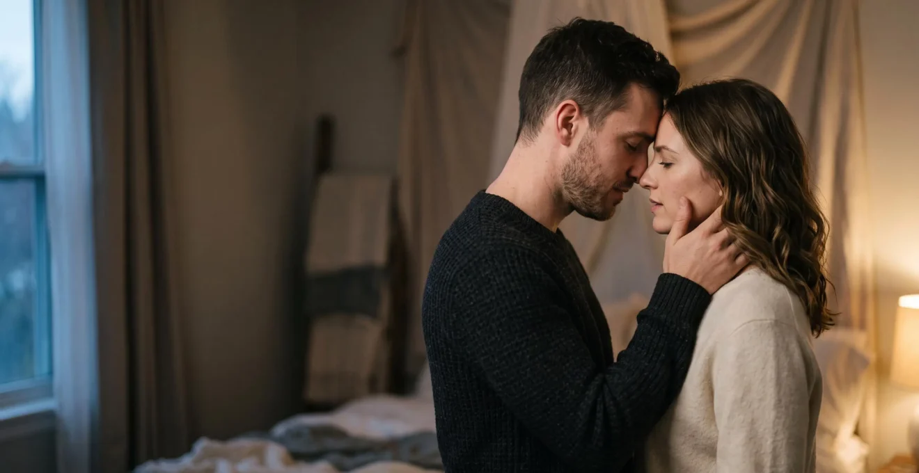 Couple proche l'un de l'autre dans une lumière tamisée, juste avant un rapprochement sensuel naturel