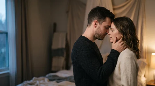 Couple proche l'un de l'autre dans une lumière tamisée, juste avant un rapprochement sensuel naturel