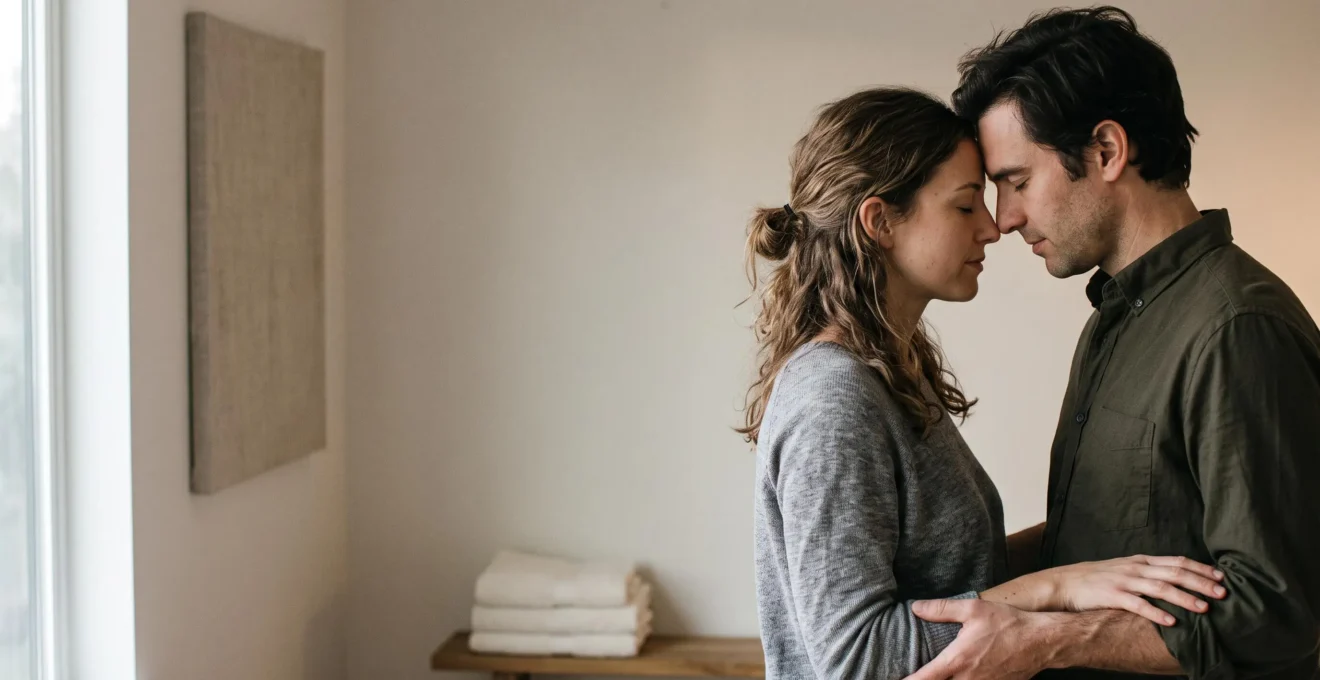 Couple partageant un moment de toucher conscient, front contre front, dans une lumière douce et intime.