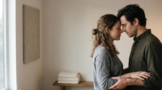 Couple partageant un moment de toucher conscient, front contre front, dans une lumière douce et intime.