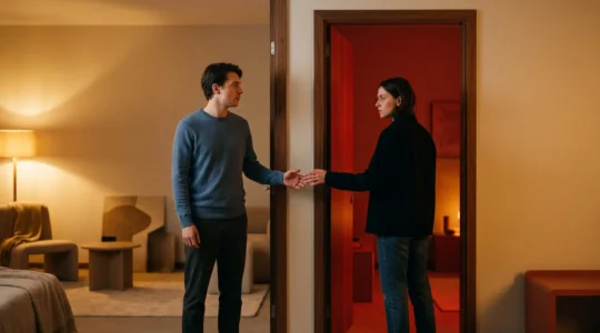 Un couple à la frontière symbolique entre leur vie quotidienne et un monde de fantasme partagé, ambiance intime et cinématographique