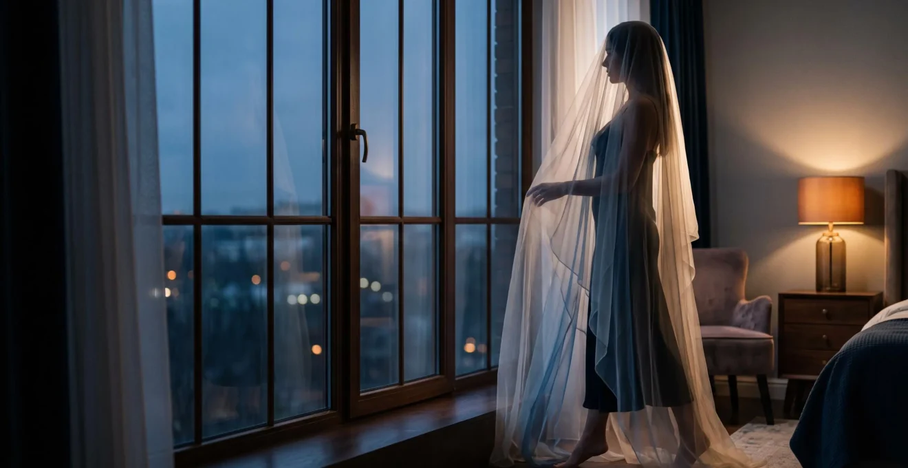 Silhouette féminine élégante partiellement voilée par un tissu transparent, jouant avec la lumière et le mystère