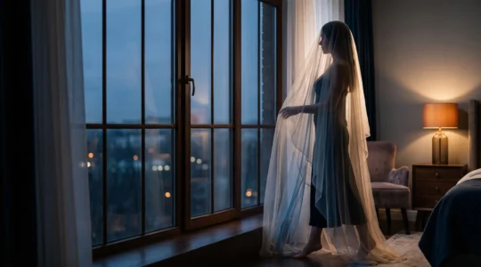 Silhouette féminine élégante partiellement voilée par un tissu transparent, jouant avec la lumière et le mystère