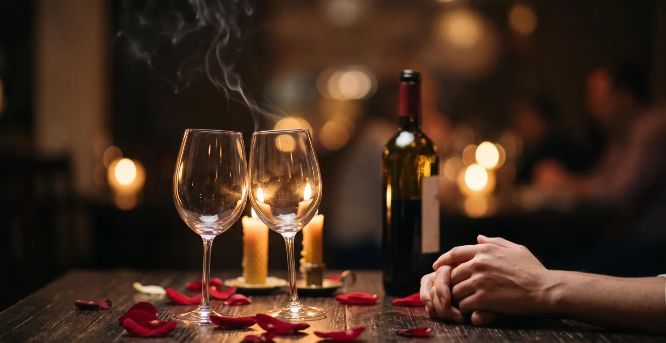Scène intime et chaleureuse d'un couple partageant un moment de complicité lors d'une soirée mise en scène avec soin