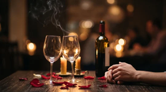 Scène intime et chaleureuse d'un couple partageant un moment de complicité lors d'une soirée mise en scène avec soin